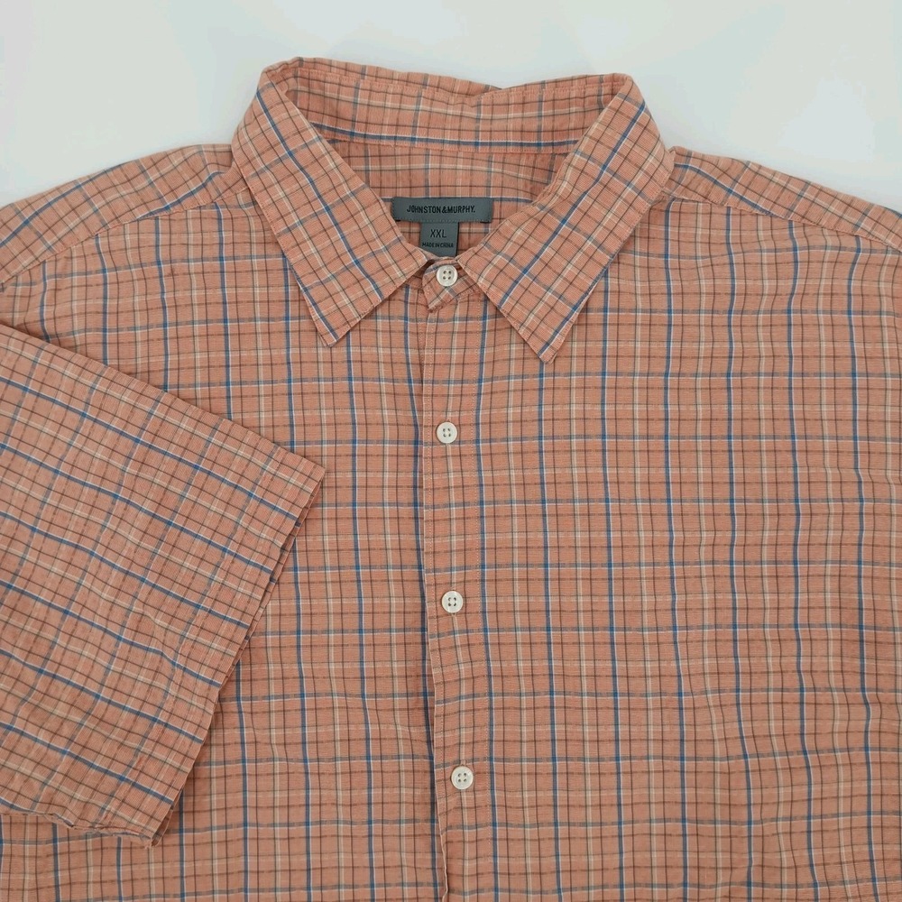 Johnston Murphy Seersucker Shirt XXL Orange Check Short Sleeve Button Down